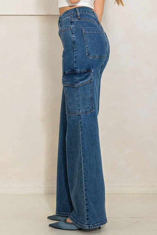 High Rise Crossed Waist Cargo Wide Jeans