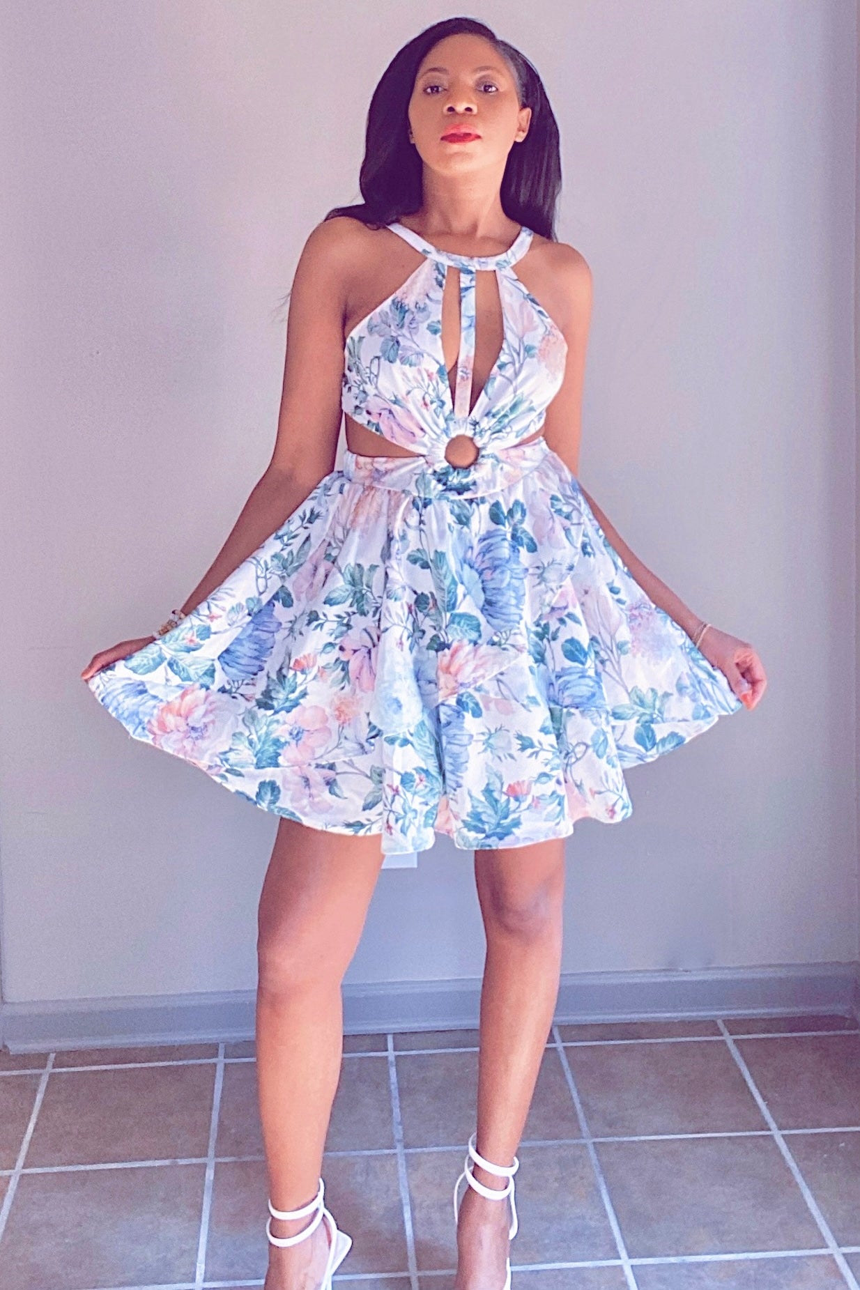 Jacard Print Cut out Mini Dress